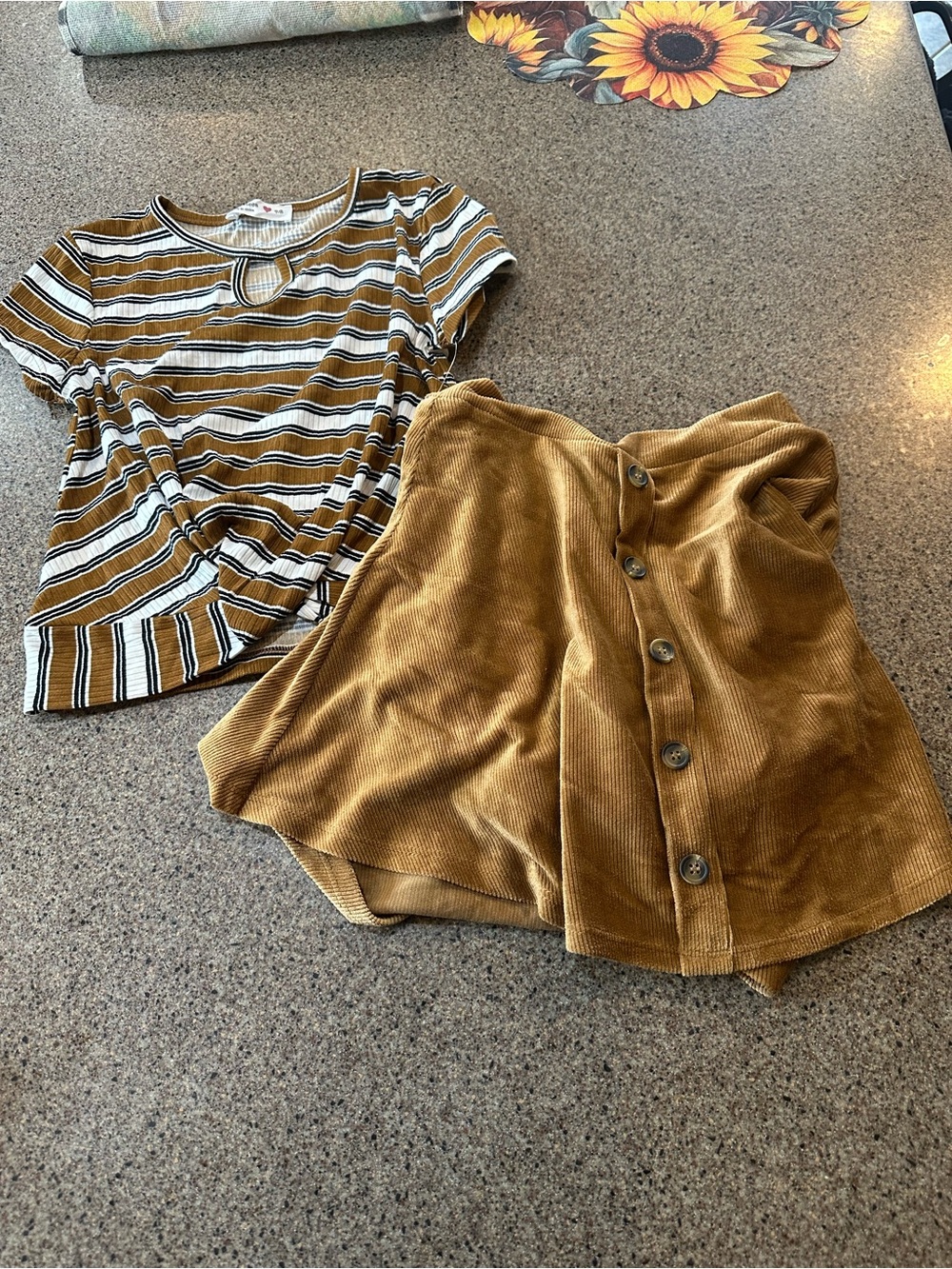 Striped Keyhole Top & Corduroy Button Skirt Set - Mustard